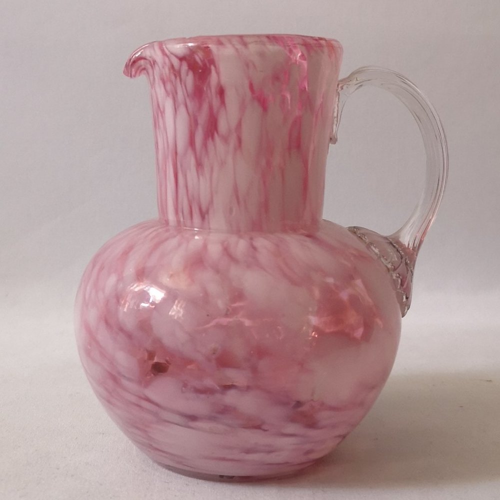 Gorgeous Hand-blown Art Glass Vase, Pink w White Applied Ribbed w Flower Handle